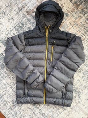 Men's Black Hooded Puffer Jacket with Yellow Zip Accents